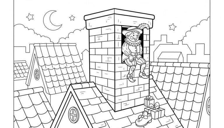 Kleurplaat van lachende Zwarte Piet die uit een schoorsteen op een dak komt, omringd door daken met cadeautjes en een schoen, onder een nachtelijke hemel met maan en sterren. Sinterklaas thema voor peuters.