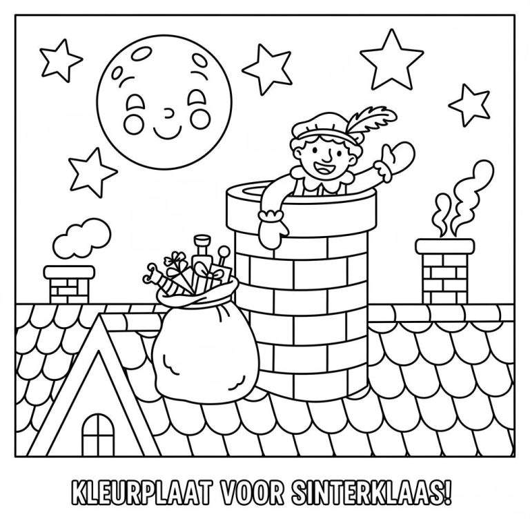 Sinterklaas kleurplaat met een vrolijke Piet die uit een schoorsteen komt, naast een zak vol cadeautjes op een dak onder een lachende maan en sterren.