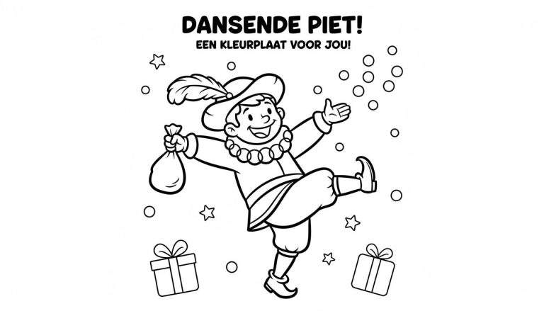 Kleurplaat van een vrolijke, dansende Piet met hoed, veer, cadeautjeszak, omringd door confetti, sterren en ingepakte cadeautjes, in zwart-wit lijntekening.