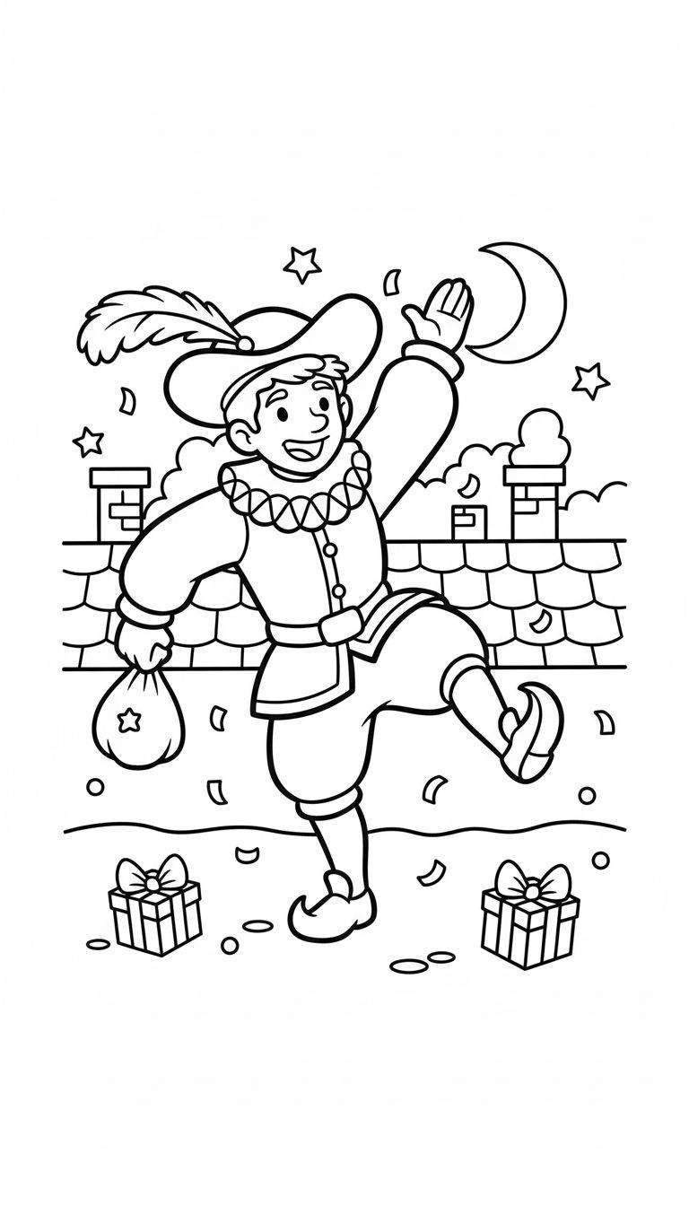 Zwart-wit kleurplaat van een vrolijke, dansende Sinterklaas-achtige man met gevederde hoed en sterzak, staand op een dak met cadeautjes, sterren en maan op de achtergrond.