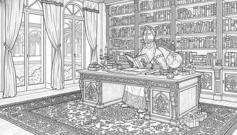 Gedetailleerde Sinterklaas kleurplaat: Sint Nicolaas leest in zijn studeerkamer met boeken, cadeautjes, een wereldbol en kaarsen, met uitzicht op een mediterraan landschap.