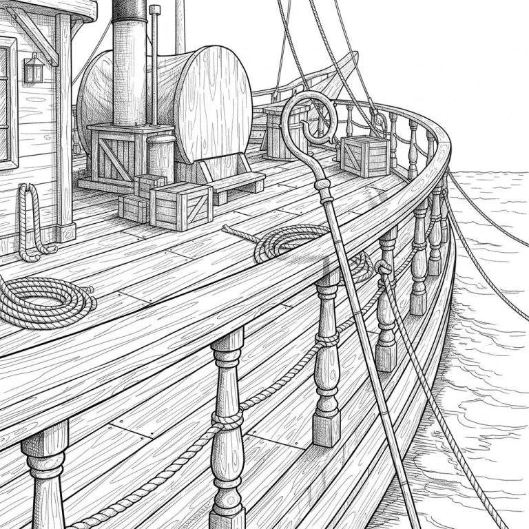 Gedetailleerde zwart-wit lijntekening van een ouderwets stoomschip dek. Zichtbaar zijn houten planken, opgerolde touwen, een schoorsteen, kajuit met lantaarn, kratten en een houten reling met sierlijke staf, omringd door rimpelend water. Sinterklaas kleurplaat, moeilijk.