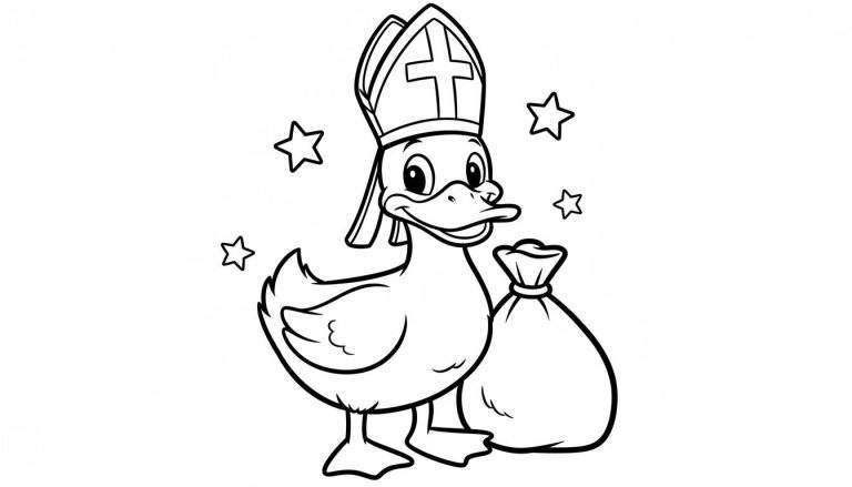 Zwart-wit kleurplaat van een vrolijke Sinterklaas-eend met mijter, cadeauzak en vier zwevende sterren.