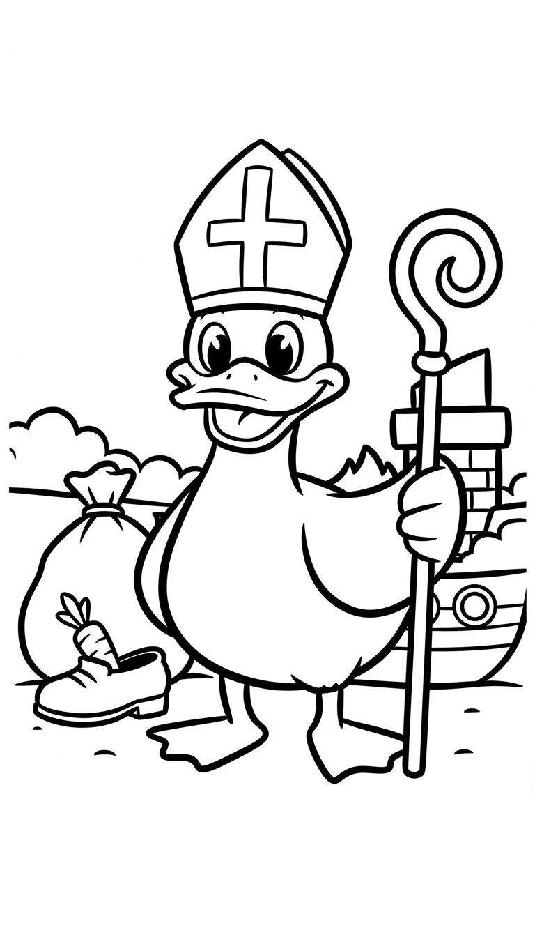 Cartoon eend verkleed als Sinterklaas met mijter en kromstaf, lachend naast een cadeautjeszak, schoen met wortel, wolken en een schoorsteen.