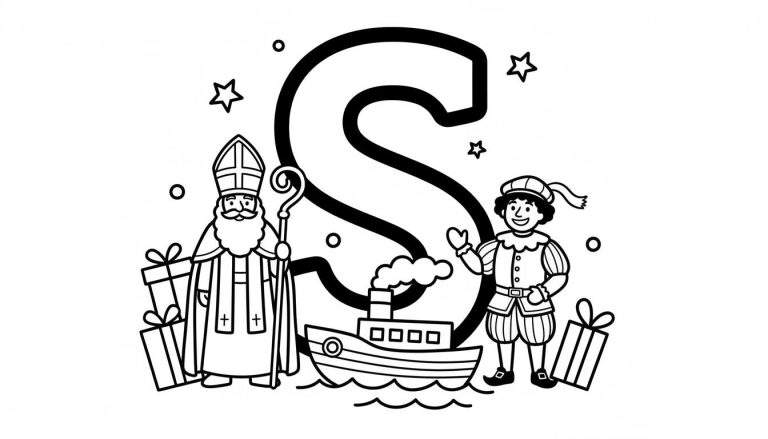 Sinterklaas kleurplaat met een grote letter S, Sinterklaas, een lachende Piet, een stoomboot en cadeautjes.