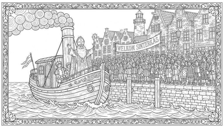 Een gedetailleerde zwart-wit kleurplaat die de aankomst van Sinterklaas per stoomboot afbeeldt. Sinterklaas staat zwaaiend op de boeg, achter hem twee Pieten en rook uit de schoorsteen. Langs de kade zwaaien kinderen naar Sinterklaas onder een spandoek 'WELKOM SINTERKAAS'. Op de achtergrond zijn Hollandse grachtenpanden en een vuurtoren te zien.