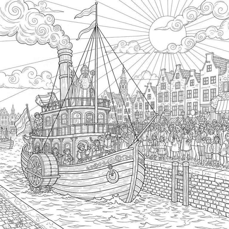 Kleurplaat van Sinterklaas op zijn stoomboot die aankomt in een havenstad, zwaaiend naar een blije menigte op de kade.