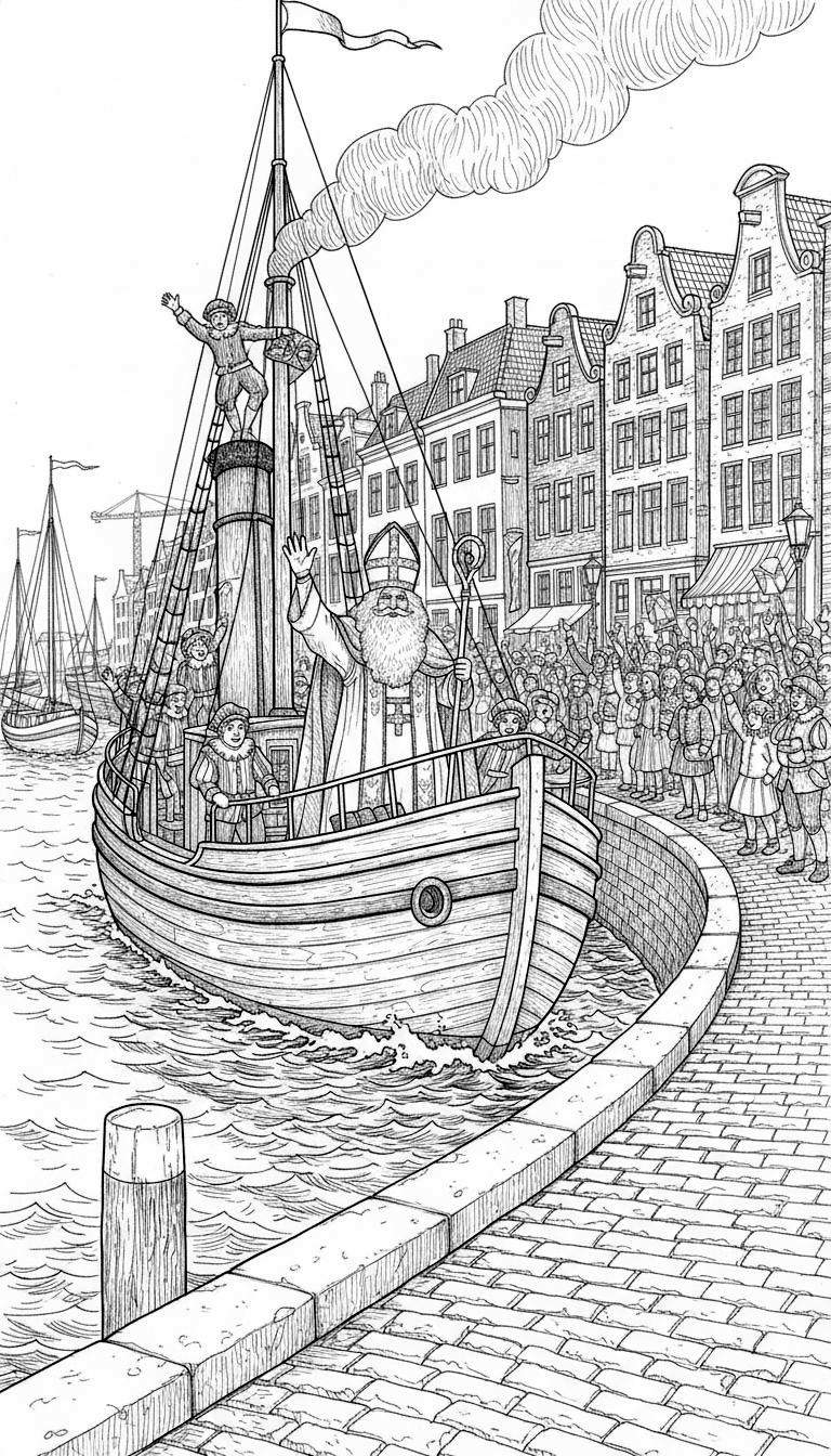 Kleurplaat: Sinterklaas arriveert met de stoomboot vol Pieten in een Nederlandse haven, zwaaiend naar een juichende kindermassa aan de kade met grachtenpanden.