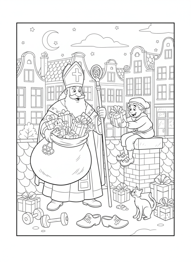 Zwart-wit kleurplaat van Sinterklaas die lachend zijn staf vasthoudt, met een zak vol cadeautjes over zijn schouder. Rechts zit een Pietje op een schoorsteen met een cadeau. Op de achtergrond Nederlandse grachtenpanden en een nachtelijke hemel met maan en sterren. Op de grond liggen cadeautjes, klompen, gewichten en een kat.