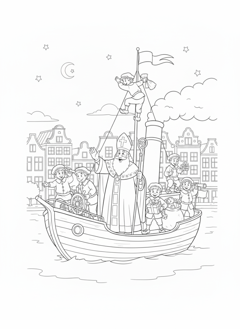 Zwart-wit kleurplaat van Sinterklaas op de stoomboot, omringd door Pieten die cadeautjes dragen. Op de achtergrond Nederlandse huizen en een maan.
