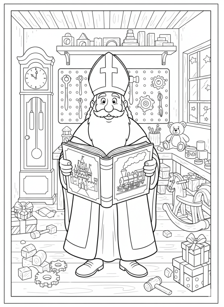 Kleurplaat van Sinterklaas in een drukke werkplaats, met cadeautjes, speelgoed en gereedschap.