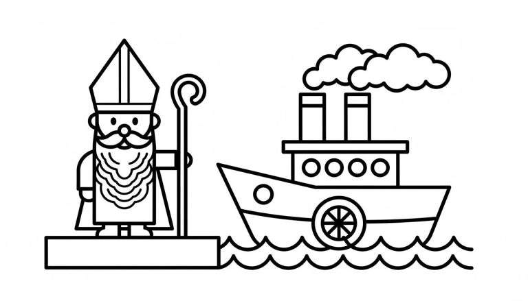 Zwart-wit kleurplaat van Sinterklaas met mijter, baard en staf op een verhoging, naast zijn stoomboot met twee rokende schoorstenen, scheprad en patrijspoorten, varend op water.