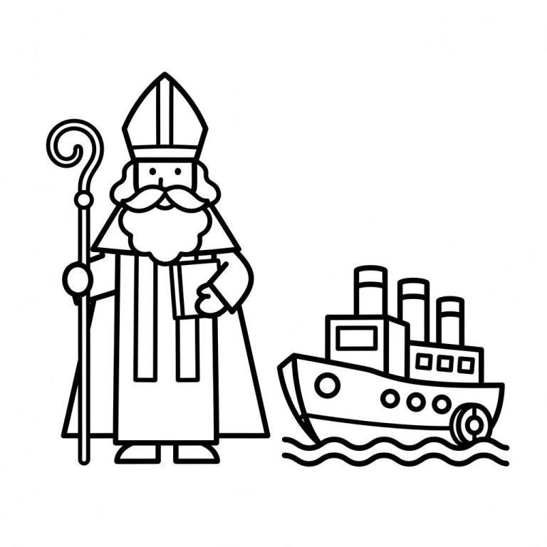 Kleurplaat van Sinterklaas die met zijn stoomboot arriveert. Sinterklaas staat links met mijter, staf en boek. Rechts de stoomboot met schoorstenen op water.