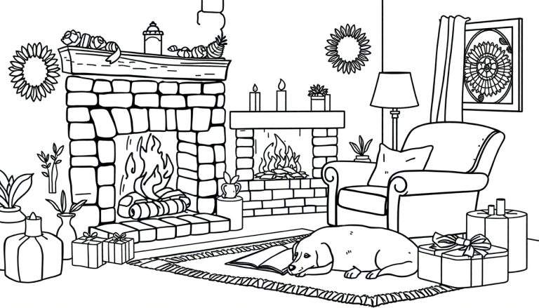 Zwart-wit lijntekening van een gezellige woonkamer met twee open haarden, decoraties, cadeautjes en een hond die een boek leest, ideaal als kleurplaat.
