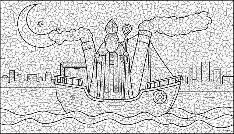 Zwart-wit mozaïek/glas-in-lood kleurplaat van Sinterklaas op een stoomboot met schoorstenen, varend over water voor een stadssilhouet met maan en ster.