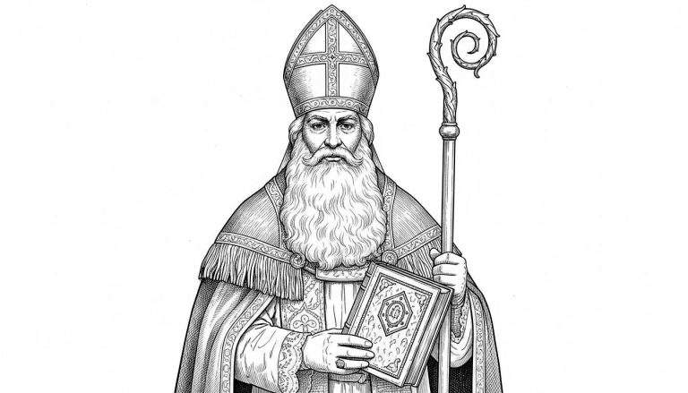 Gedetailleerde zwart-wit kleurplaat van Sinterklaas met lange baard, mijter, ceremoniële gewaden, kromstaf in rechterhand en gesloten boek in linkerhand.