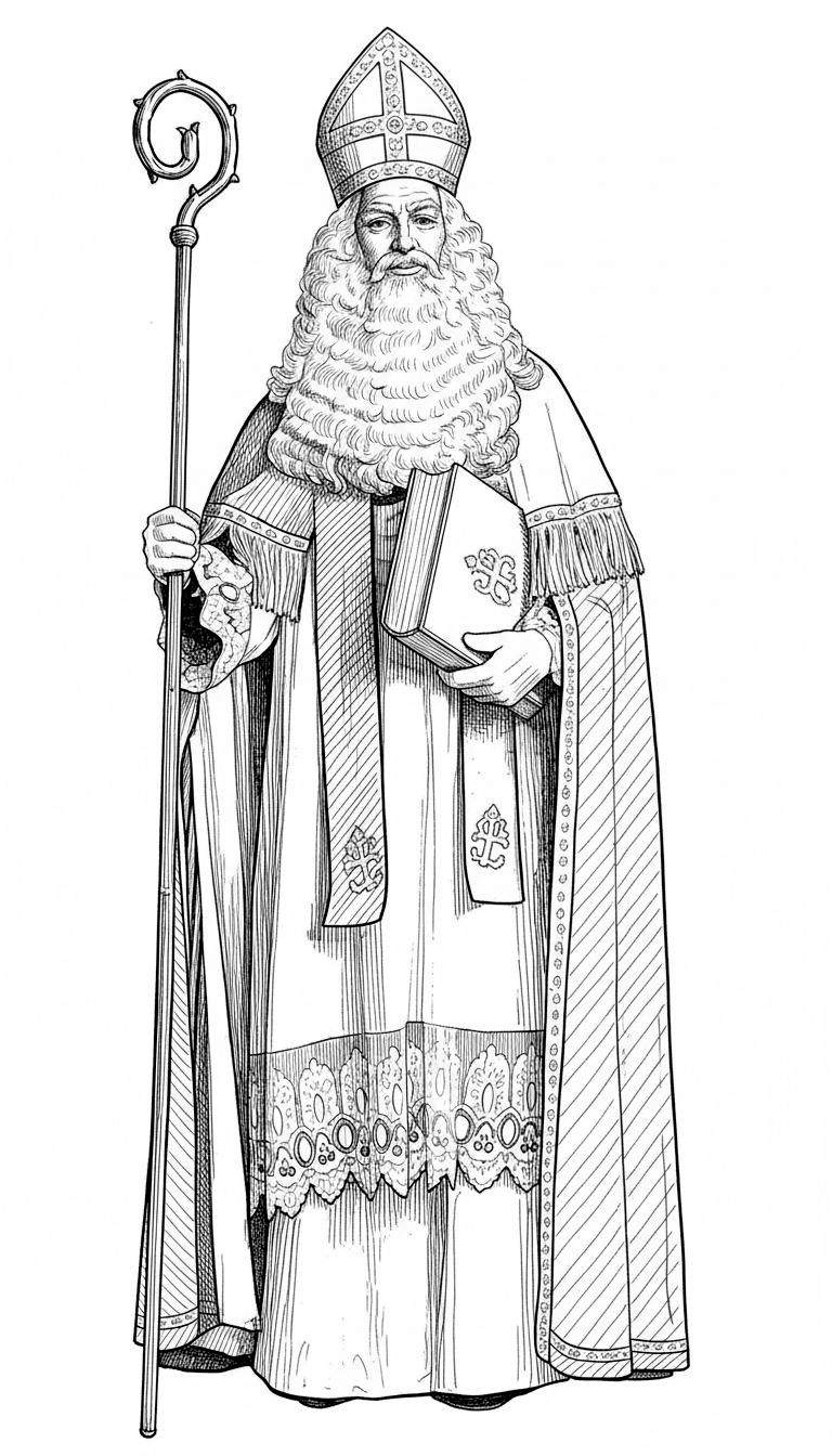 Gedetailleerde zwart-wit kleurplaat van Sinterklaas als heilige bisschop, met mijter, lange witte baard, kromstaf en boek.