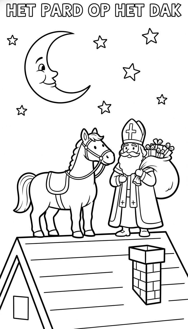 Kleurplaat: Sinterklaas met mijter en staf, en zijn paard met zadel en hoofdstel, staand op een gedetailleerd dak met schoorsteen onder een lachende maan en sterren.