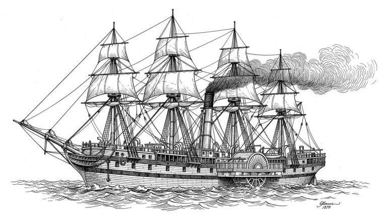 Gedetailleerde zwart-wit lijntekening van Sinterklaas' historische stoomboot, een 19e-eeuws stoomzeilschip met vier masten, gehesen zeilen, schoepenraderen aan de zijkant en een rokende schoorsteen. De signatuur 'Glimmer 1870' is rechtsonder te zien.