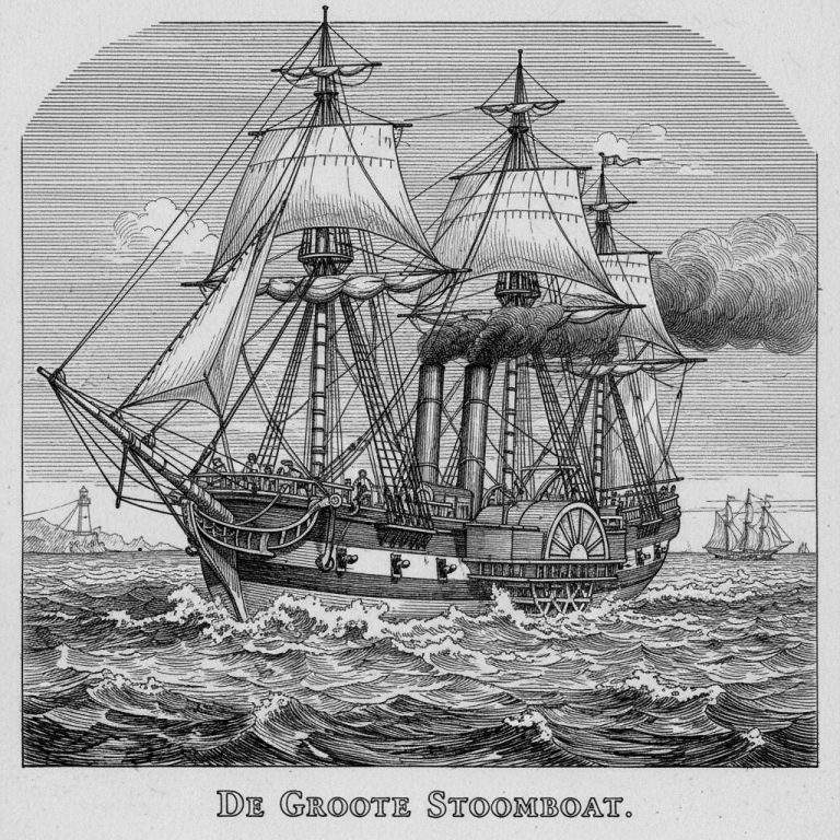 Zwart-wit gravure van een indrukwekkende zeilstoomboot met schoepenrad en twee rokende schoorstenen op golvende zee, met een vuurtoren links en een kleiner zeilschip rechts, omkaderd door een boog, en de tekst 'DE GROOTE STOOMBOAT' onderaan.