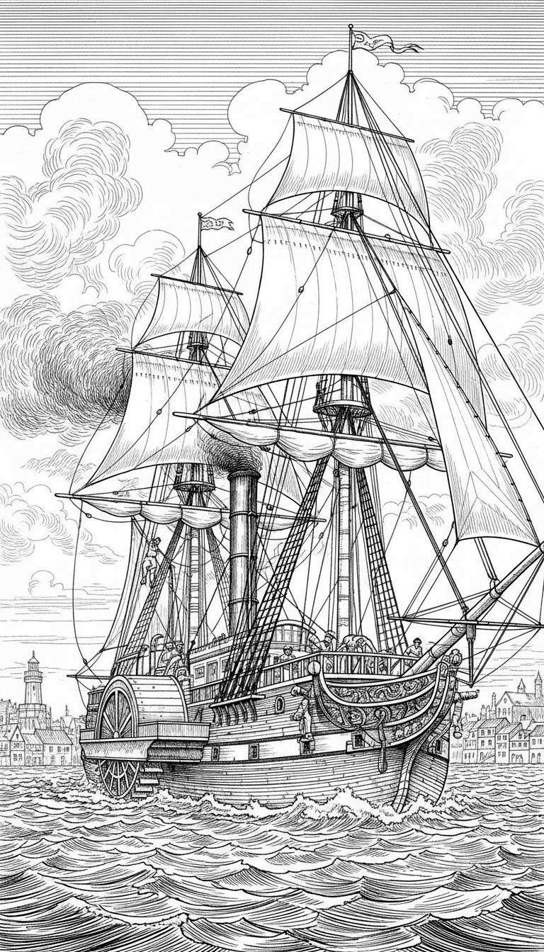 Kleurplaat van de Sinterklaas stoomboot, een gedetailleerd hybride zeil- en stoomschip met schoepraden en zeilen, op een woelige zee met kustlijn, gebouwen en vuurtoren, in klassieke 19e-eeuwse stijl.