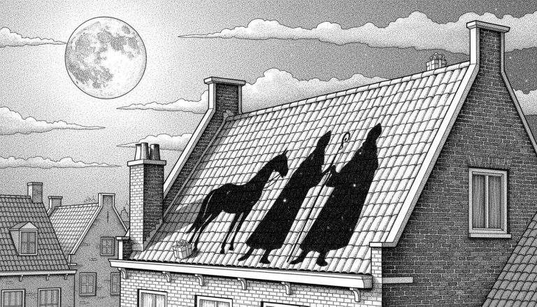 Gedetailleerde Sinterklaas kleurplaat in stippeltechniek. Toont schaduwen van Sinterklaas, zijn paard en drie figuren op een pannendak onder een volle maan. Met huizen, schoorstenen en een pakje. Roep de magie van Sinterklaasavond op.