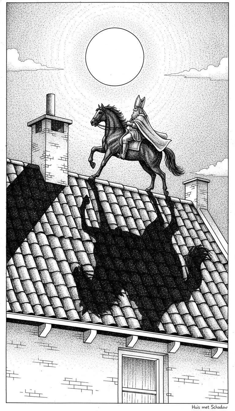 Zwart-wit kleurplaat van Sinterklaas op zijn paard op een pannendak onder een volle maan, met een grote, vervormde, veelkoppige schaduw die niet overeenkomt met de figuren. Tekst: 'Huis met Schaduw'.