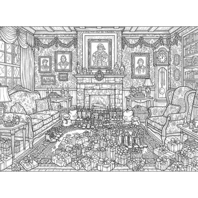 Lijntekening van een traditionele, met Kerst versierde woonkamer met brandende open haard, kerstsokken, stapels cadeaus, bank, fauteuil, boekenkast en houten balken.