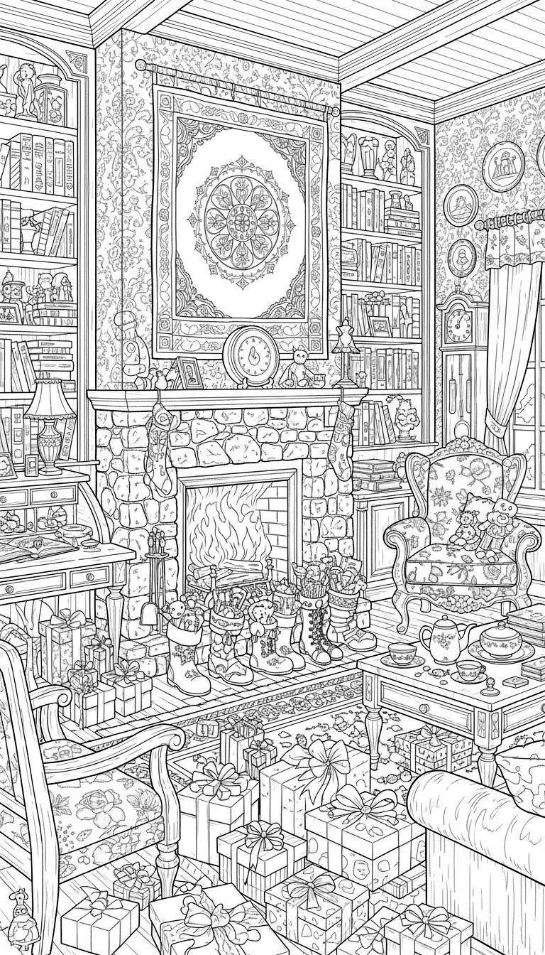 Sinterklaas kleurplaat van een gezellige woonkamer met brandende open haard, stapels cadeaus, fauteuil, bureau, boekenkasten, en feestelijke versiering.