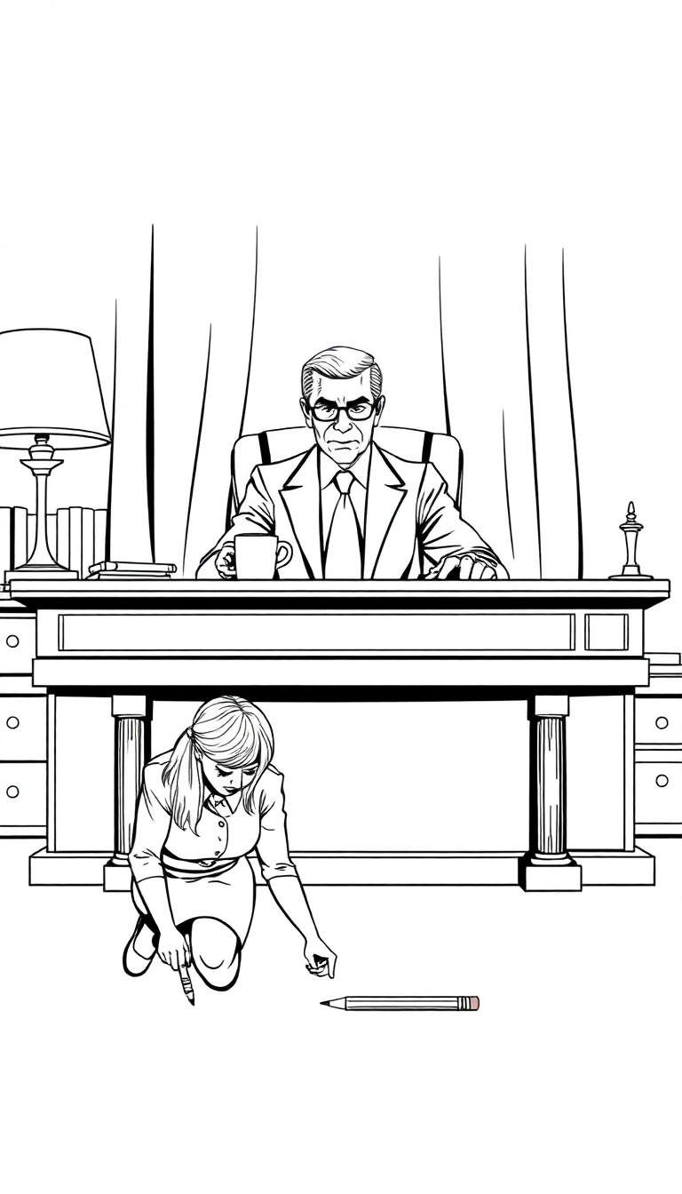 Lijntekening van een kantoor met een man aan een bureau en een vrouw die op de grond knielt voor een potlood.