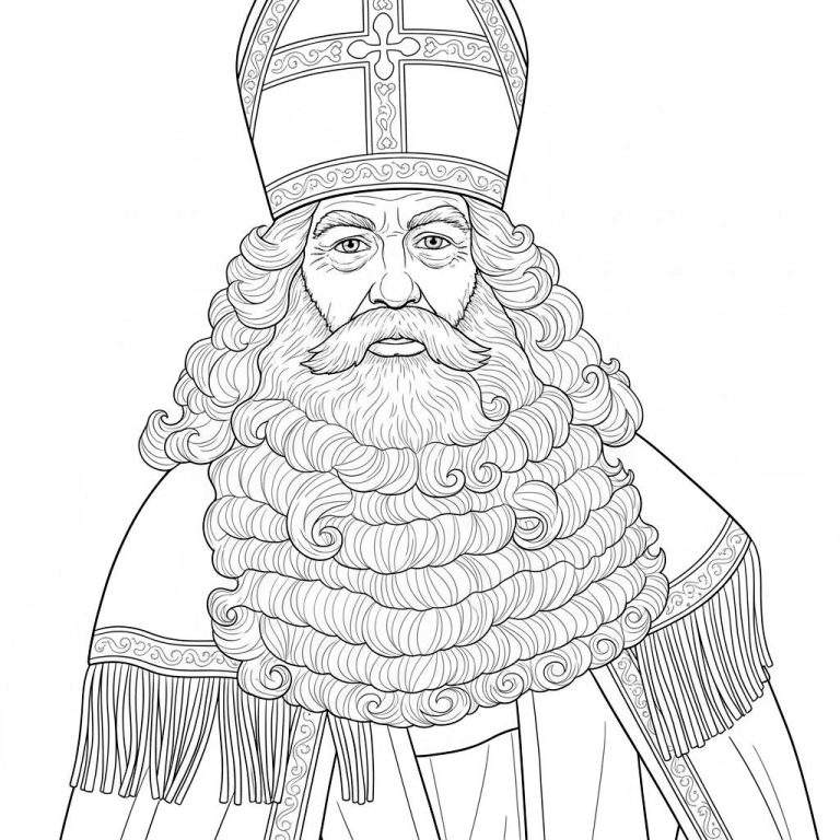 Kleurplaat van Sinterklaas, staand, met hoge mijter, lange witte baard, snor en gedetailleerd ceremonieel gewaad.