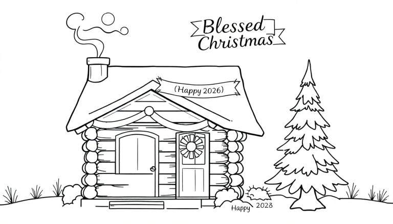 Kleurplaat van een gezellige blokhut met rook uit de schoorsteen, een kerstboom, en feestelijke banners met 'Happy 2026' en 'Blessed Christmas'.