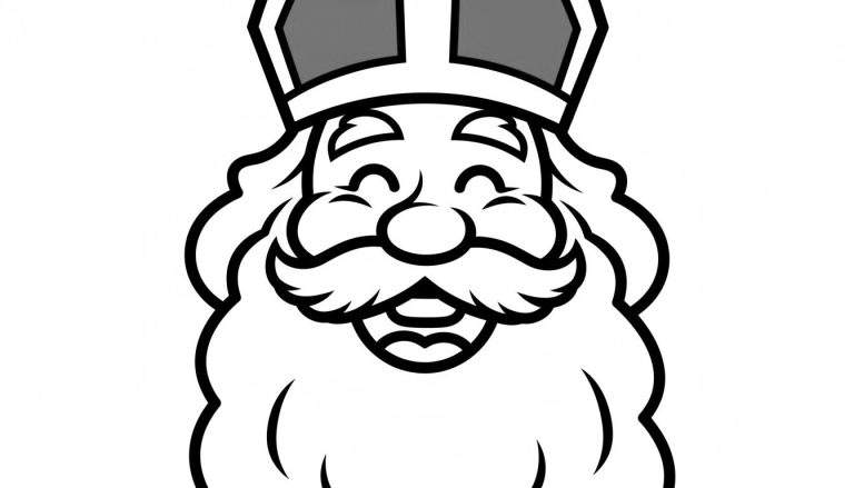 Cartoonachtige zwart-wit kleurplaat van een vrolijke Sinterklaas met bisschopsmijter, lachende ogen, krullende snor en lange witte baard.