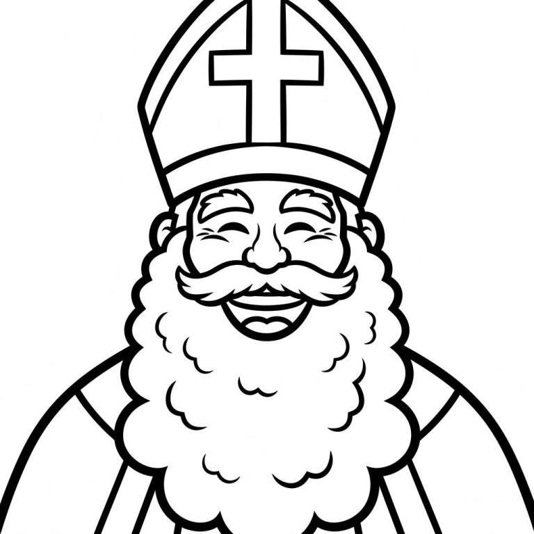 Lachende Sinterklaas kleurplaat met mijter, volle baard en snor, in cartooneske lijntekeningstijl.
