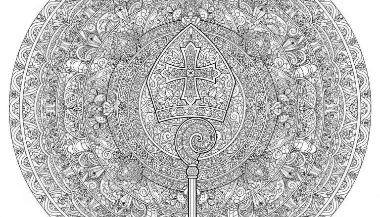 Gedetailleerde Sinterklaas kleurplaat voor volwassenen met een centraal geplaatste bisschopsmijter en kromstaf, omgeven door een ingewikkeld en symmetrisch mandala-patroon vol fijne krullen en organische motieven.