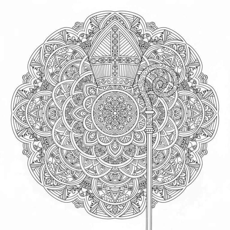 Gedetailleerde Sinterklaas kleurplaat met een bisschopsmijter en kromstaf over een ingewikkelde mandala.