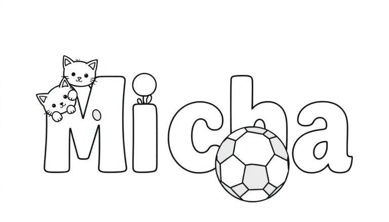 Kleurplaat met de naam Micha in grote bubbelletters, twee katjes en een voetbal.