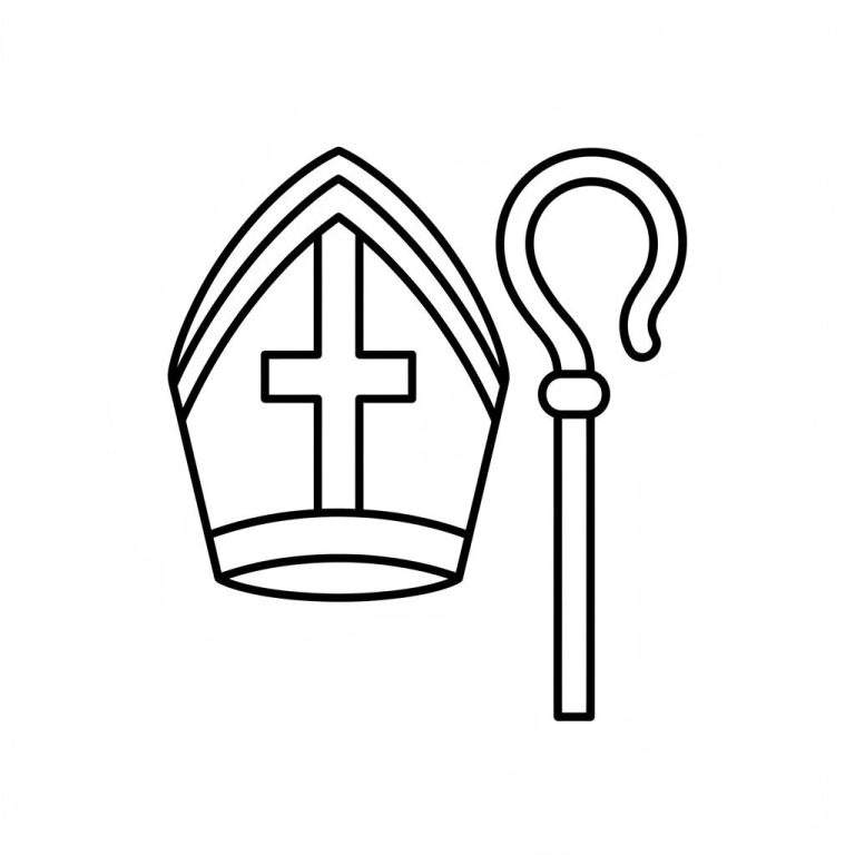 Lijntekening van een mijter met kruis aan de linkerkant en een kromstaf met gekrulde top aan de rechterkant, symbolen van Sinterklaas en bisschoppen.