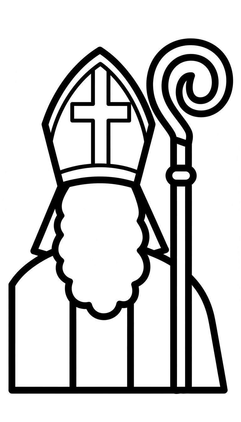 Zwart-wit kleurplaat van Sinterklaas, gekleed in gewaad, met mijter en kromstaf. De figuur heeft een volle baard omtrek, zonder gezichtsdetails.