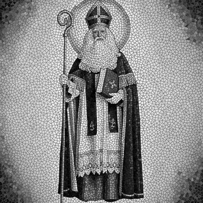 Zwart-wit mozaïek kleurplaat van Sinterklaas (bisschop), met lange witte baard, mijter met kruis, aureool, rijkelijk versierde gewaden, kromstaf en een Bijbelboek.