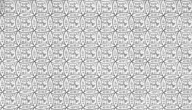 Zwart-wit kleurplaat met gedetailleerd, herhalend geometrisch patroon van overlappende cirkels en ovalen, gevuld met handgetekende natuurelementen en symbolen, in volkskunststijl, thema Sinterklaas.