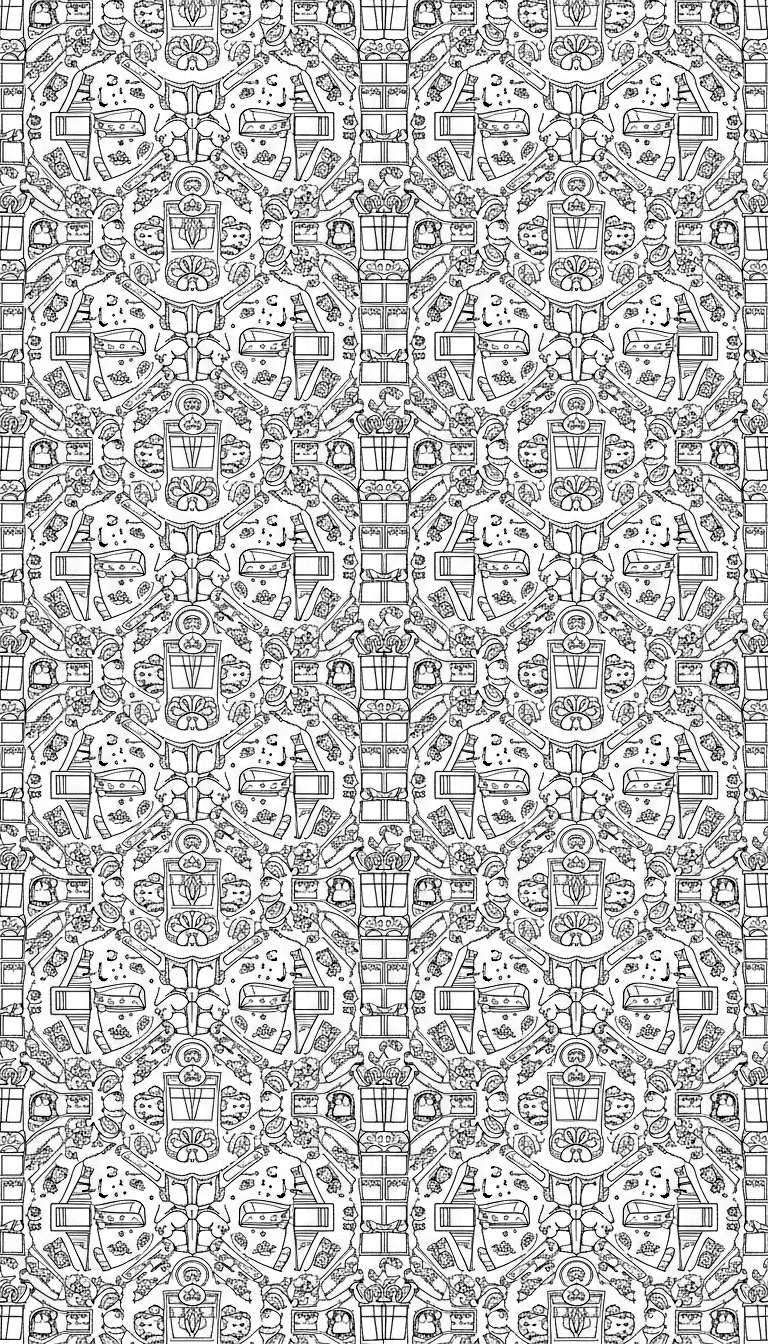 Een gedetailleerde zwart-wit kleurplaat voor volwassenen met een complex, herhalend mozaïekpatroon van feestelijke winterse elementen, waaronder cadeautjes, pinguïns, kaarsen, mokken, peperkoekmannetjes en sneeuwvlokken, passend bij het Sinterklaas-thema.