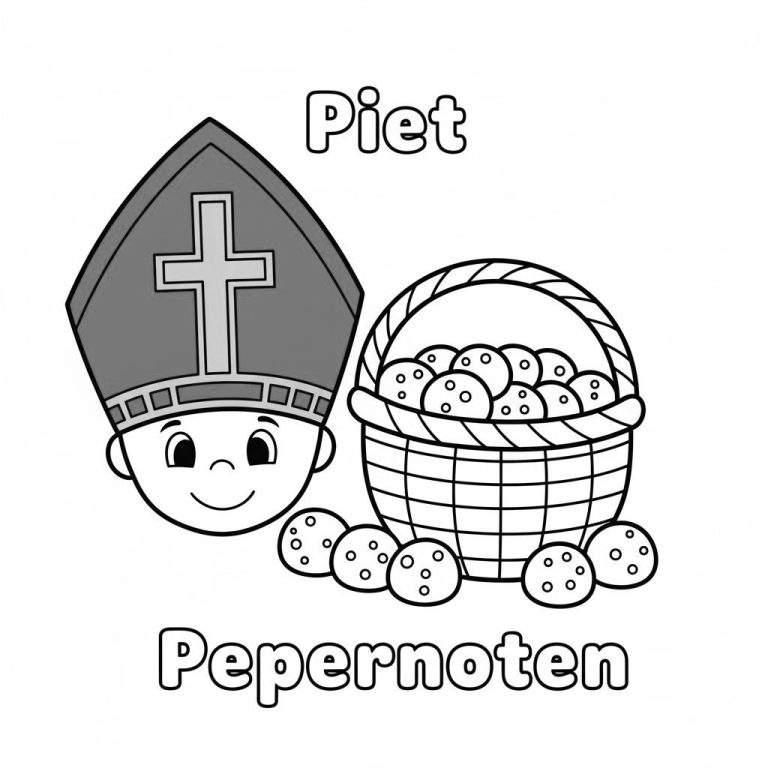 Kleurplaat van lachende Sinterklaas met mijter en een mand vol pepernoten. De tekst 'Piet' staat bovenaan en 'Pepernoten' onderaan.