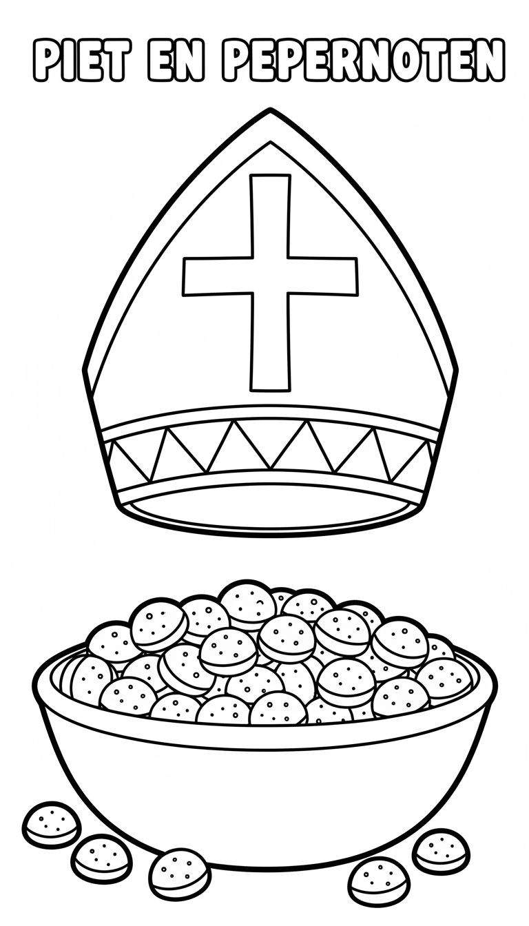 Kleurplaat met een Sinterklaas mijter met kruis en driehoeken, een kom vol pepernoten en losse pepernoten, en de tekst 'PIET EN PEPERNOTEN'. Geschikt voor peuters.