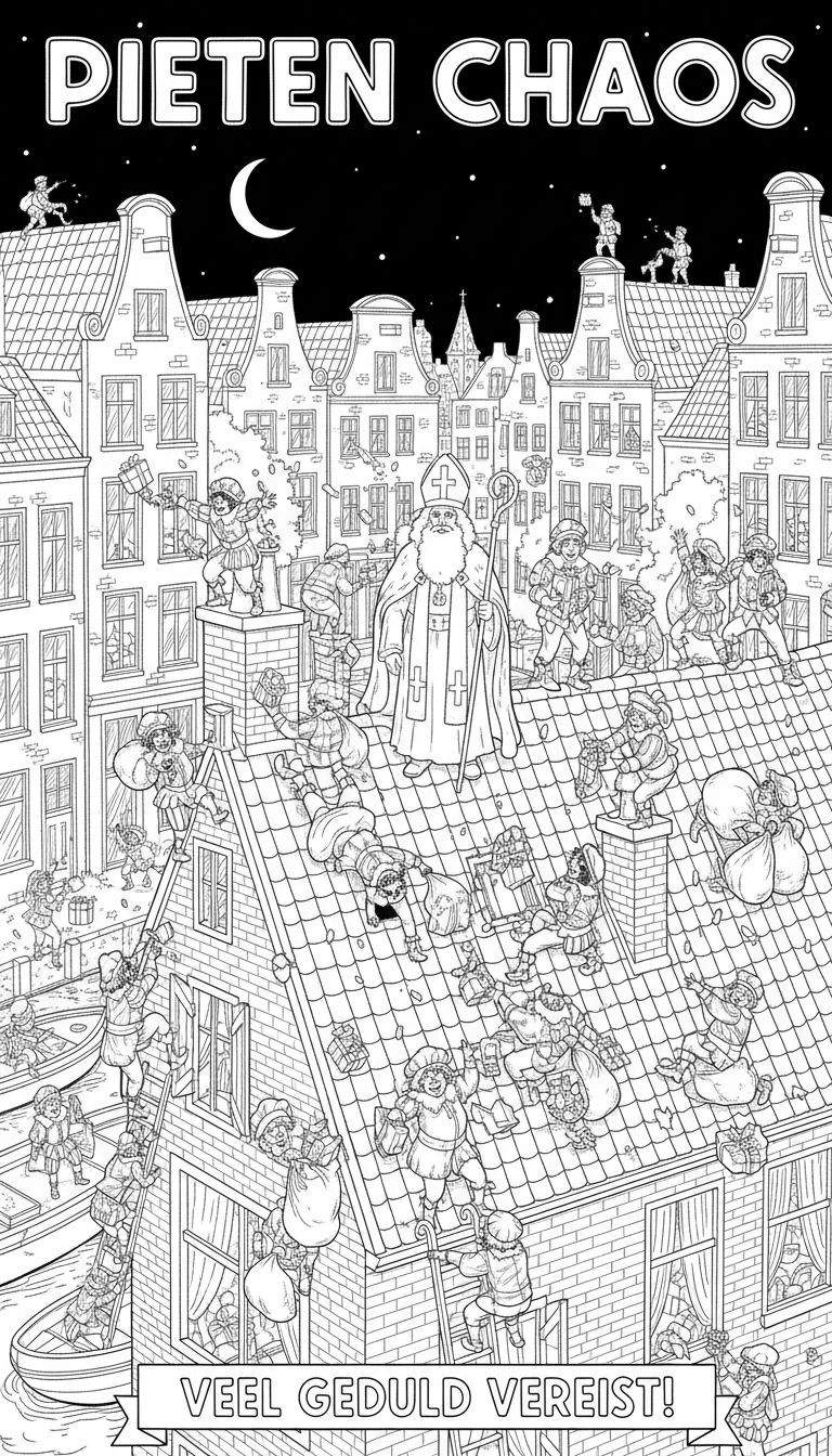 Gedetailleerde zwart-wit kleurplaat getiteld 'Pieten Chaos' met Sinterklaas rustig op een dak in een Nederlandse grachtenstad 's nachts, omringd door chaotisch cadeaus bezorgende, vallende en klimmende Pieten.
