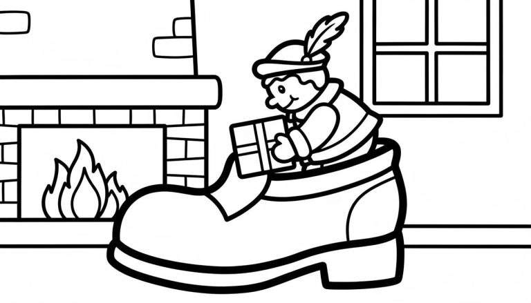 Zwart-wit kleurplaat: Sinterklaas elfje met gevederde muts zit in een grote schoen, glimlachend en een cadeau vasthoudend. Op de achtergrond een bakstenen open haard met vuur en een raam.