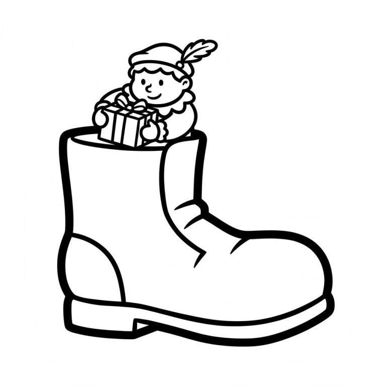 Sinterklaas kleurplaat: vrolijk fantasiefiguur met muts en veer dat een ingepakt cadeautje vasthoudt vanuit een grote laars.