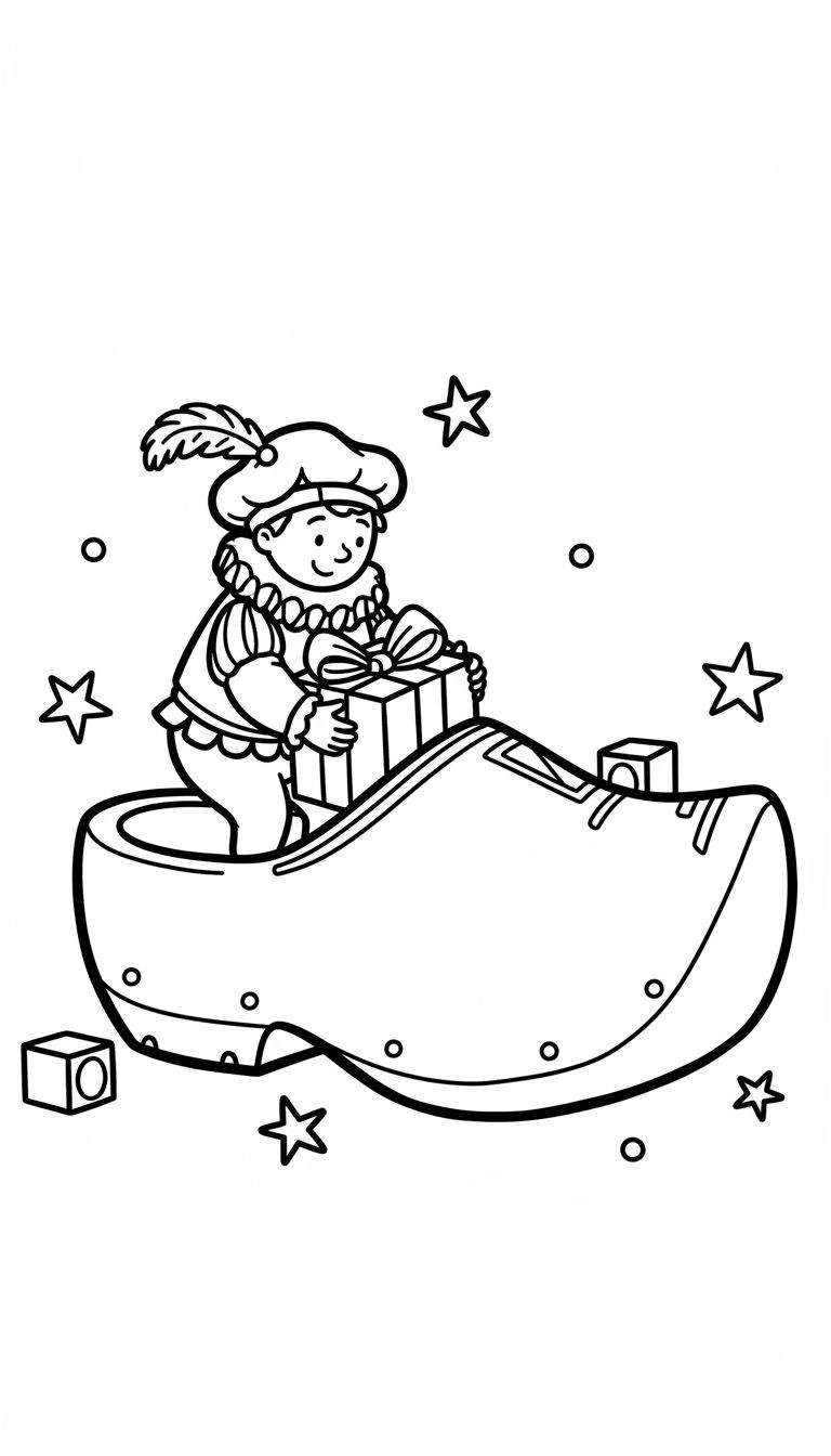 Kleurplaat van een vrolijke Piet met muts en plooikraag, zittend in een grote klomp en een cadeau vasthoudend. Omringd door sterren en cirkels, perfect voor peuters tijdens Sinterklaas.