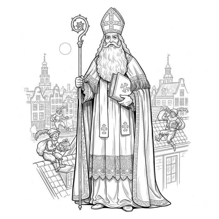 Gedetailleerde zwart-wit kleurplaat van Sinterklaas staand, met mijter en staf, terwijl Pieten met cadeaus over de daken van een oude stad rennen. De achtergrond toont gedetailleerde gebouwen en torens.
