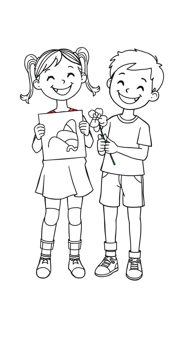 Kleurplaat van een lachend meisje met staartjes en een tekening, naast een lachende jongen met een bloem.